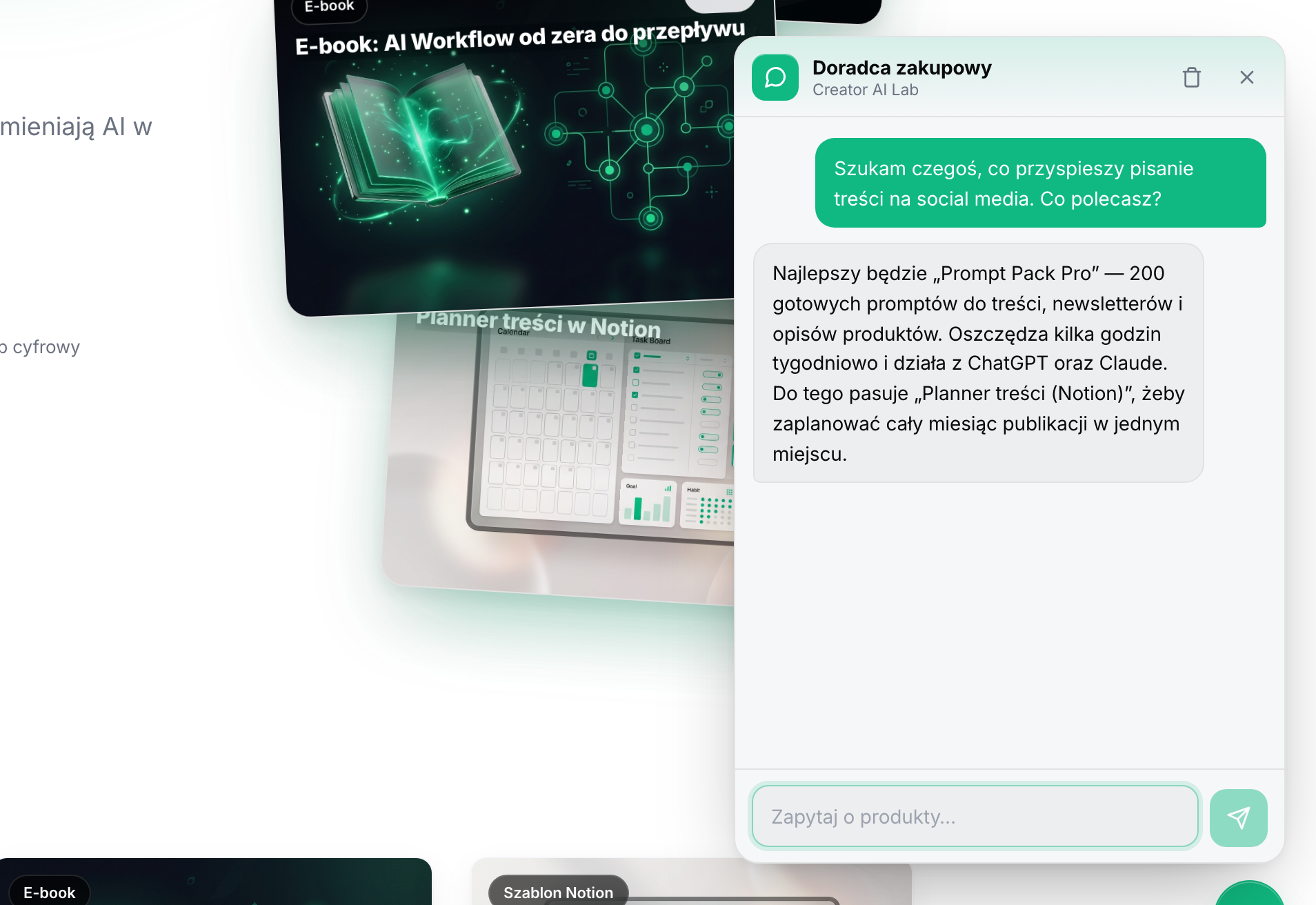 Doradca AI odpowiada na pytanie kupującego z rekomendacją produktu